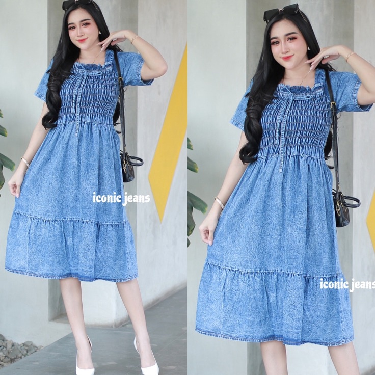 Produk Ekslusif iconicjeans  Denim Dress Terbaru Daster Jeans Kerut Cantik Busui