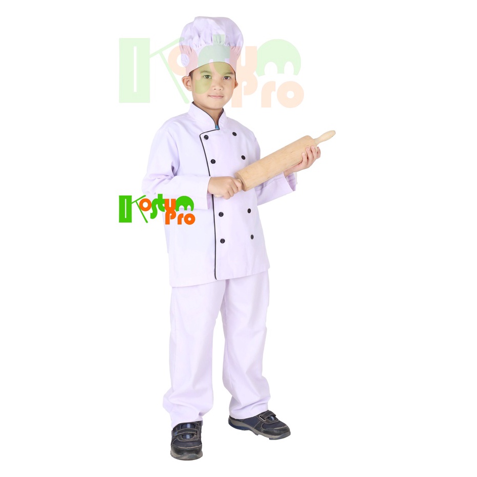 Free Ongkir KOSTUM KOKI  BAJU KOKI  CELANA  TOPI ANAK UK 31 TAHUN TANGAN PANJANG PUTIH LITTLE CHEF