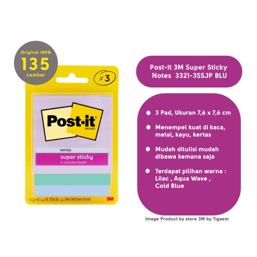 

Super Mutu Postit 3M Super Sticky Notes 3x3 45Lembar Isi 3 Pad 33213SSJP BLU