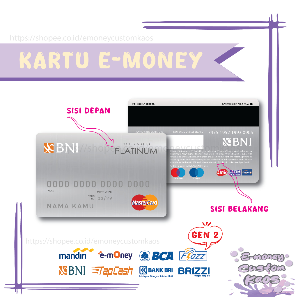 KARTU EMONEY CARD PLATINUM BNI ETOLL MANDIRI FLAZZ BCA GEN 2 BNI TAPCASH BRIZZI BRI - 2 SISI