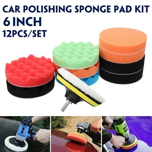 12 Pcs Busa Spon Poles Compound Waxing Polishing Body Motor Mobil 6" Sponge Pad Perekat Alas Kain me