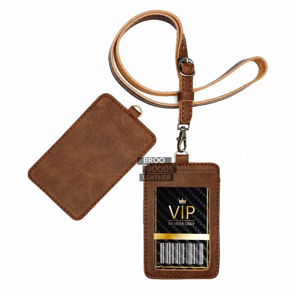 

KODE E14D Name Tag ID Card Dipung Holder Kulit Lanyard Termurah Berkualitas PU Leather Lanyard NameTag ID Card Holder