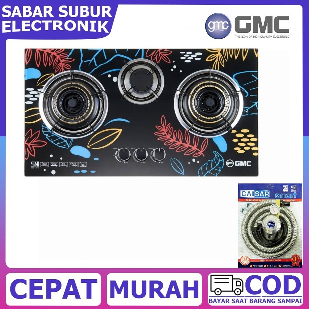Kompor GMC Tipe 671 Kompor 3 Tungku Kaca 2in1 Tanam dan Meja