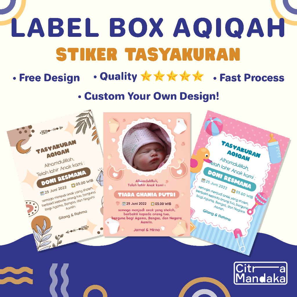 

Stiker Label Makanan Custom Tasyakuran Aqiqah Kelahiran Bayi Nasi Kotak Chromo Free Design