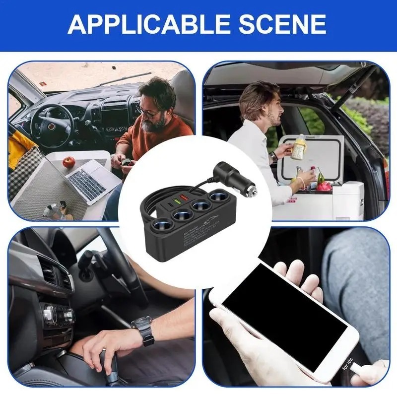 Socket Lighter Mobil Extension 120W 3 USB PD Fast Charger Splitter Cigarette