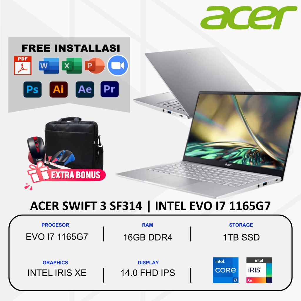 Laptop Slim Tipis Acer Swift 3 SF314 Intel Core i7 1165G7 Ram 16Gb 1Tb Ssd 14.0 FHD Windows 11 Home Original