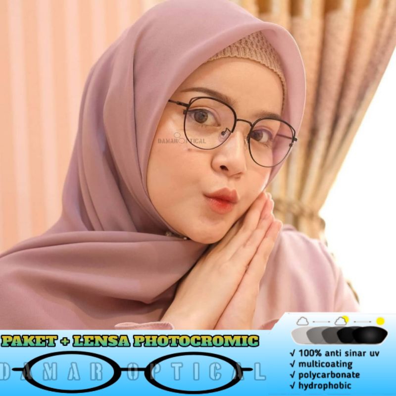 KACAMATA MINUS FRAME ROUND METAL 1308 PAKET + FRAME PHOTOCROMIC | KACAMATA WANITA ANTIRADIASI | KACA