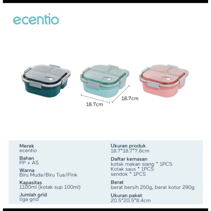 Ecentio Kotak Makan Lunch Box 3 Grid 1100ml Misting Bekal Anti Tumpah Free Sendok
