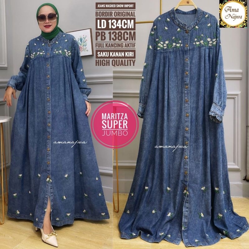 [COD] MARITZA SUPER JUMBO DRESS JEANS WASH IMPORT BORDIR ORI  || AMA NAJWA LABEL  ||  SUPER BESTSELL