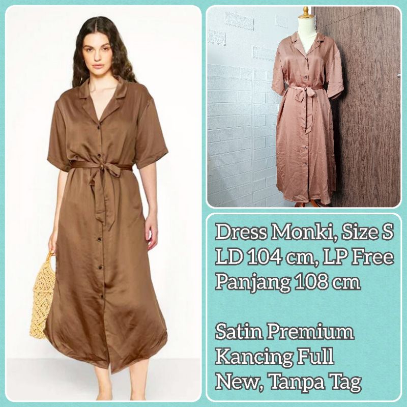 New Monki Midi Shirt Dress Satin Coklat New Tanpa Tag Size S M L