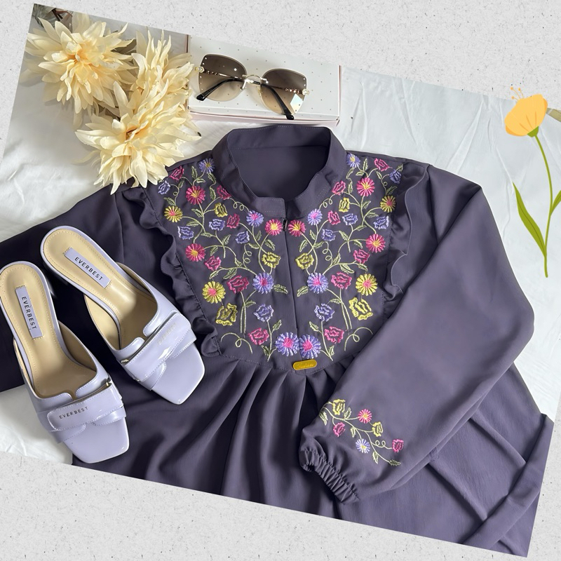 GAMIS BORDIR BUNGA TIMBUL BAHAN CRINKLE/GAMIS AZIZAH MEWAH TERBARU TERMURAH-8