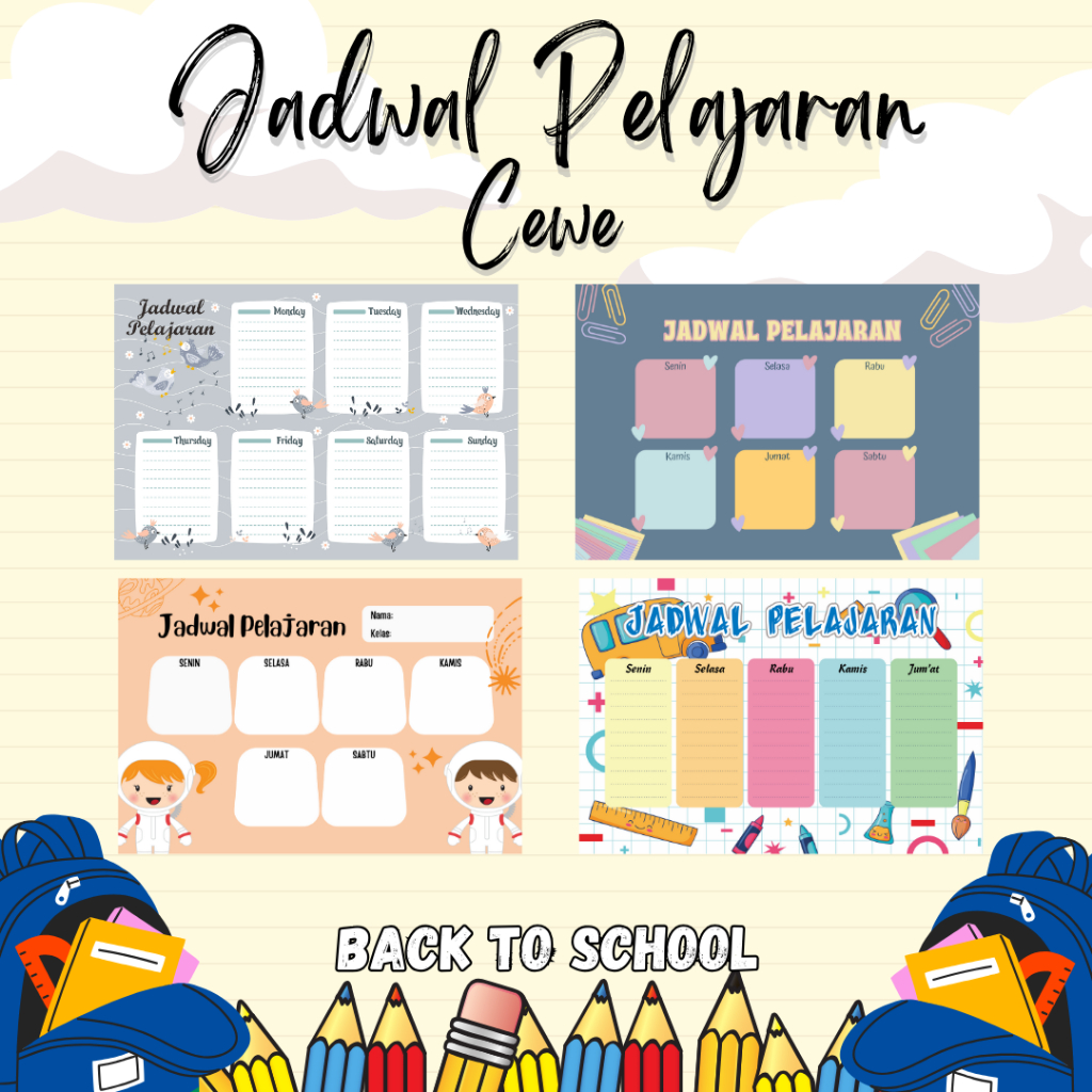 Poster Jadwal Pelajaran Motif Cewek Poster Mata Pelajaran Wipe and Clean  Jadwal Mata Pelajaran Kere