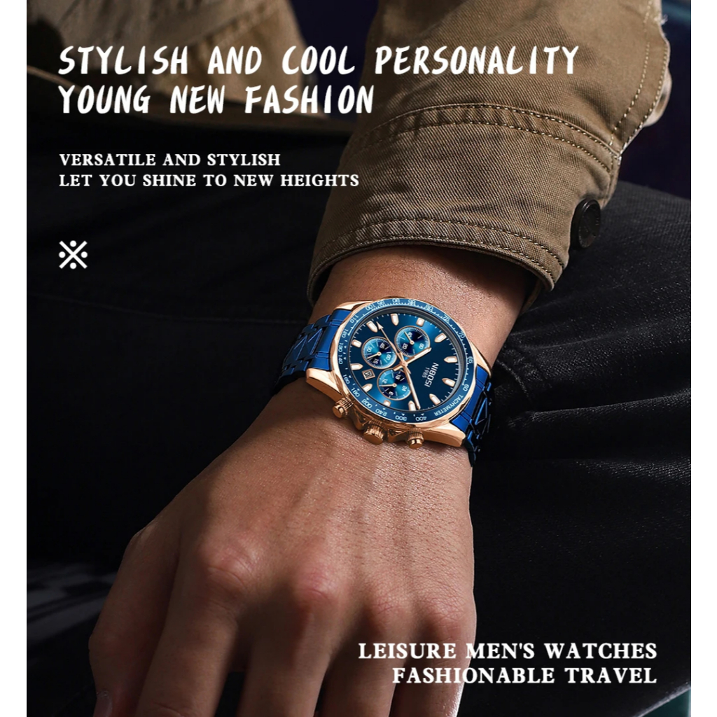 Jam Tangan Pria Original Watch Anti Tahan Air Stainless Analog Tanggal Chronograph Nibosi 2611 Medan