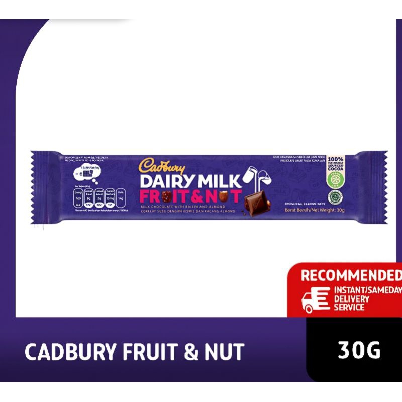 

COKELAT CADBURY DAIRY MILK FRUIT & NUT 30gr 1pcs