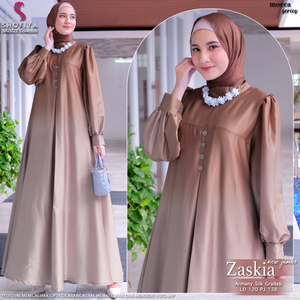 zaskia gamis dress pakaian baju maxy syari size xxxl ld 120 bahan silk armany gradasi wanita terbaru