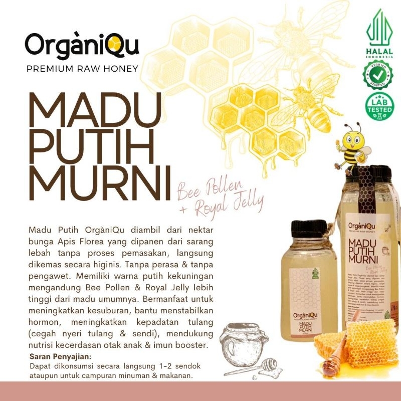 

Madu Putih OrganiQu Mengandung Bee Polen dan Royal Jelly