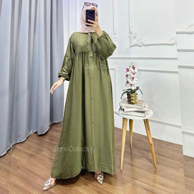 Almira Dress Polo Linen Gamis Busui Kancing Depan Baju Lebaran Terbaru