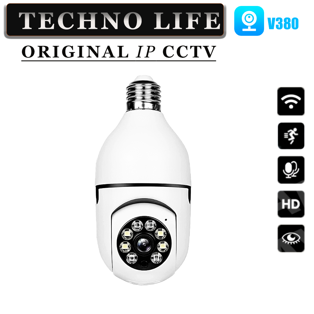 Techno Life CCTV Lampu V380 Pro 8MP Kamera CCTV Wifi Lampu CCTV 360 PTZ & Memory Card