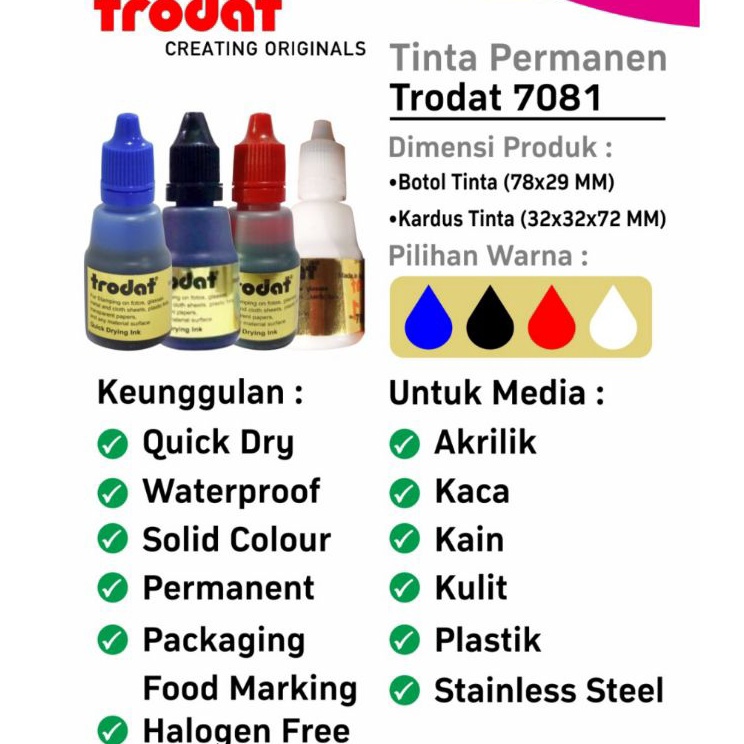 

Spesial Minggu Ini Tinta untuk plastik kaca keramik Permanen Premium Tahan Air Trodat 781 25ml