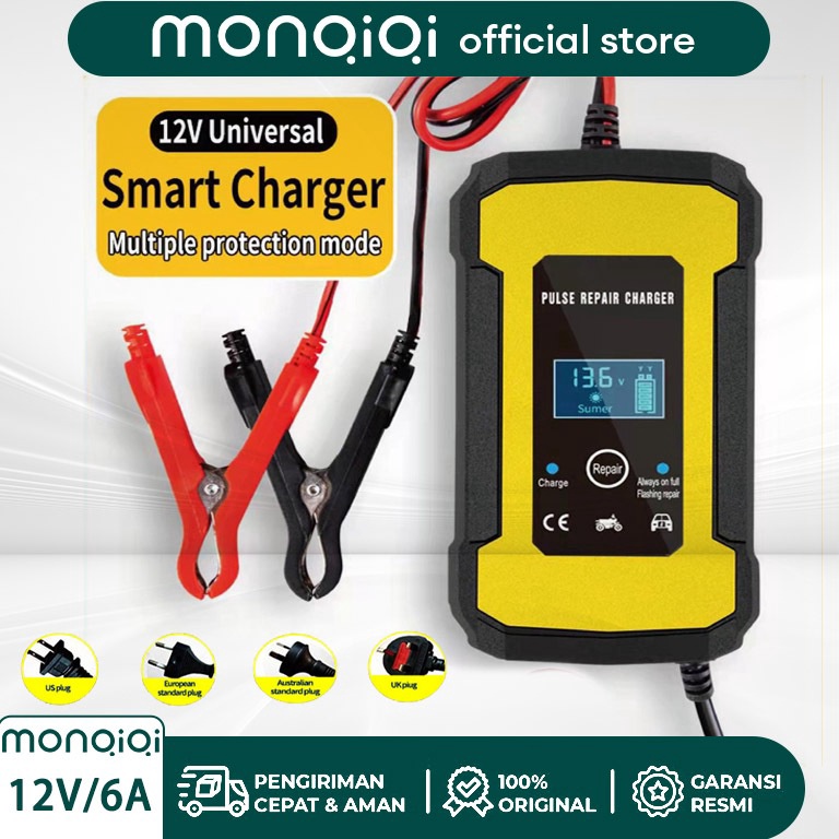 Monqiqi Charger Aki Motor Charger Aki Mobil Intelligent Battery Charger Aki Mobil 12V 6A Charger Aki