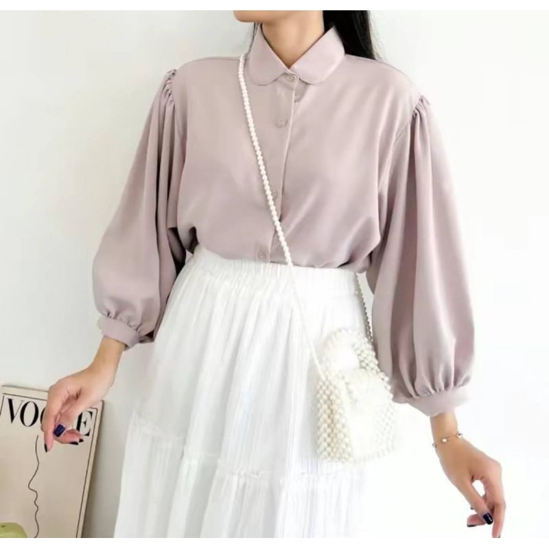 Elze Blouse Polos Puffy Atasan Kemeja Wanita Lengan Panjang Balon Shakila Twill