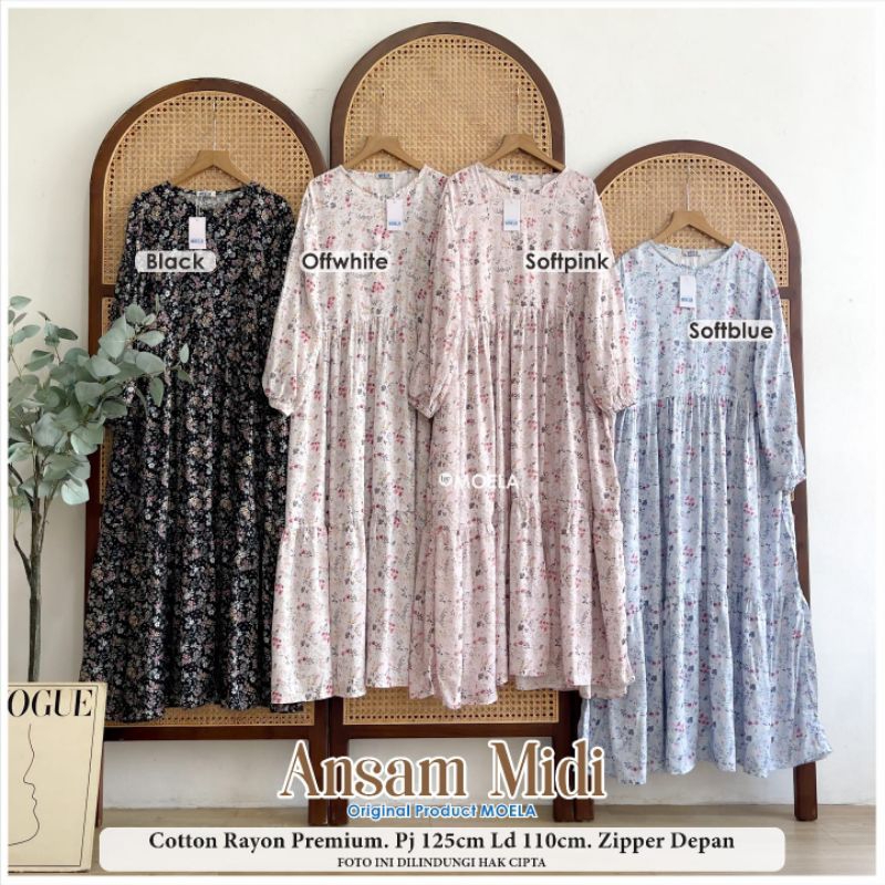 MOELA Ansam midi dress gamis midi katun rayon premium allsize ld 110 pb 125 gamis midi tunik dress o