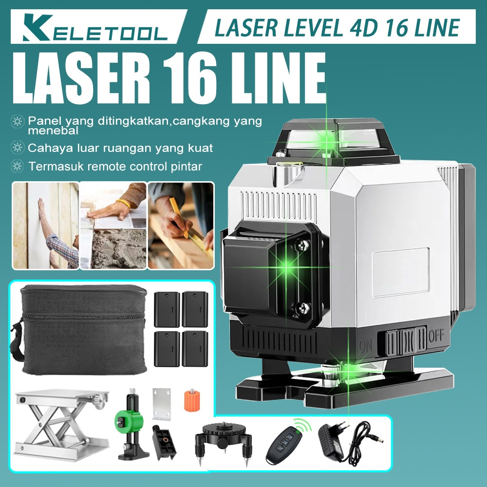 Keletool 4 Baterai 4D 16 line Laser level bagunan Mesin waterpass leveling Alat elevasi Leser meter 