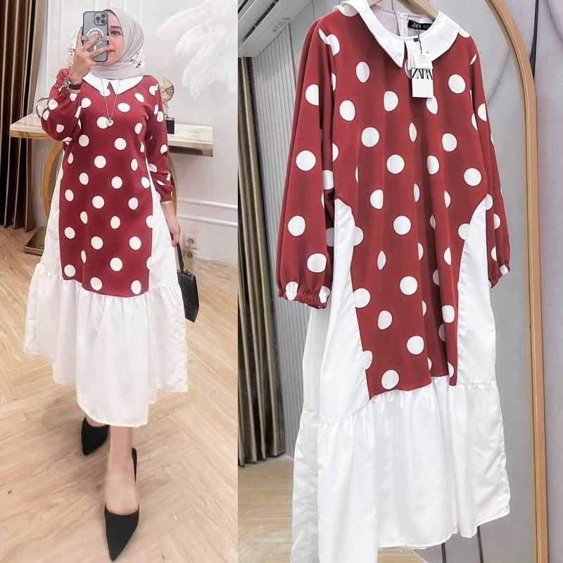 Izuka Midi dress wanita warna merah marun kombinasi putih maroon bahan rajut Knit Korea mix katun po