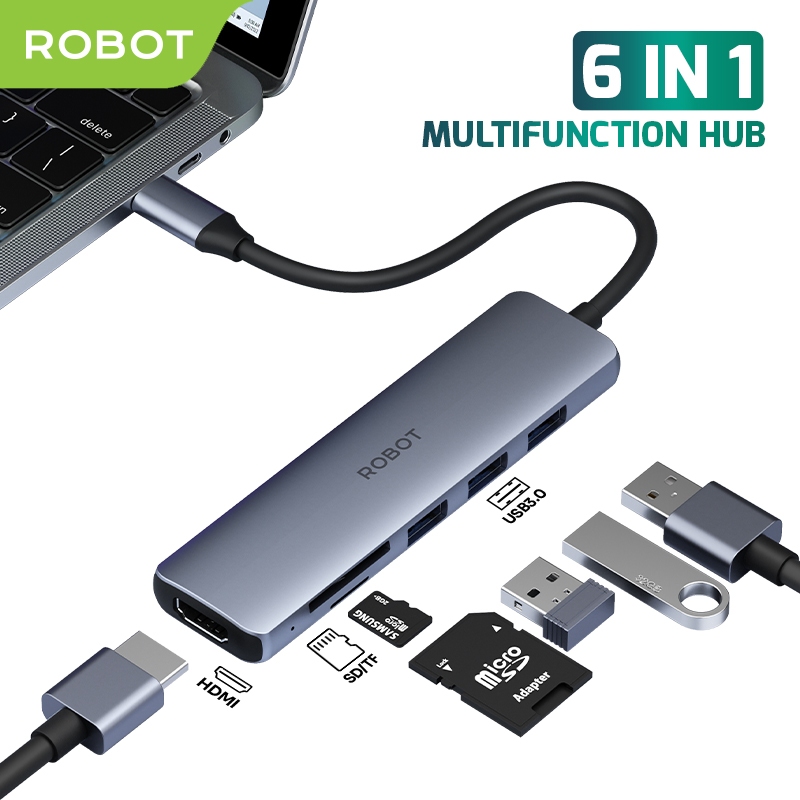Adapter USB C 6 in 1 ROBOT HT360 Multiport Hub HDMI Slot SD Card PD Charger - Ringan & Portable
