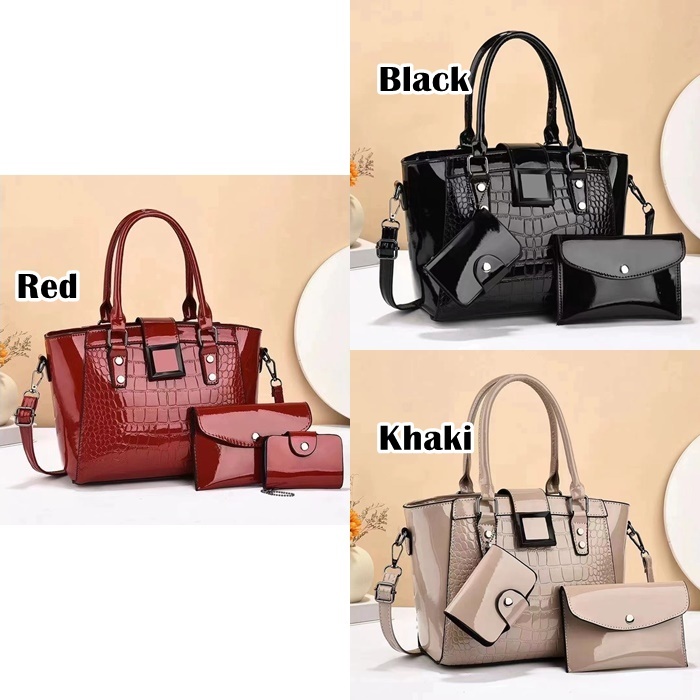 Hand Bag 3 IN1 GD19171 Tas Jinjing Set Croco Glossy Wanita Import