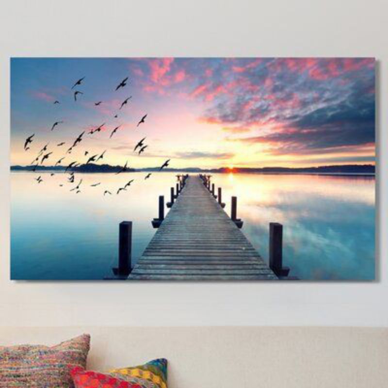 Lukisan modern pantai diwaktu senja include frame