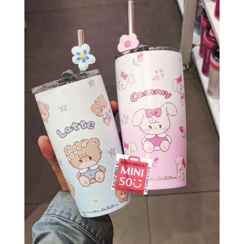 MINISO 🆕 Botol Minum Stainless + Sedotan MIKKO Collection (530ml) Latte / Cammy