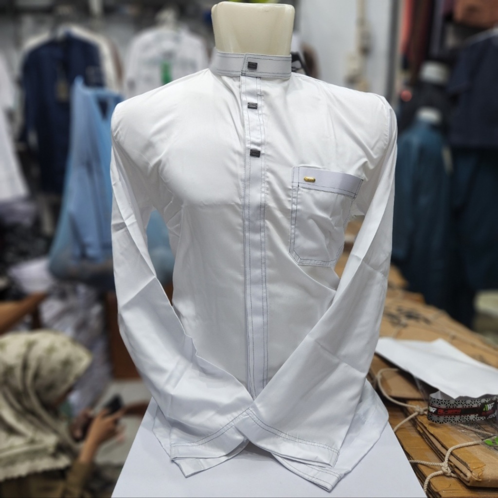 Koko Al Wafa Putih Lengan Panjang Cuff Bahan Satin Korea | Baju Muslim Lengan panjang Al Wafa Medium Gold