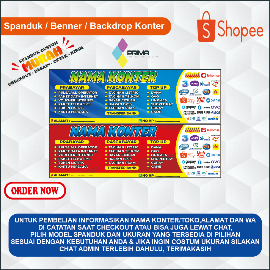 BANNER SPANDUK KONTER PULSA CUSTOM DESAIN & UKURAN/HIASAN KONTER PULSA/BANNER PROMOSI