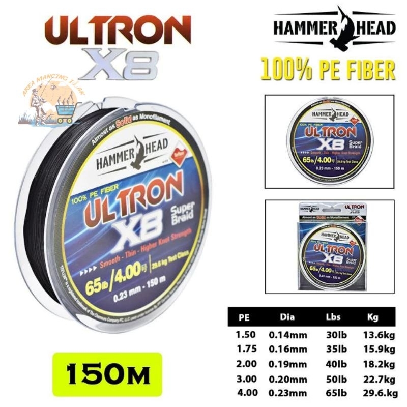 Senar PE BRAID HAMMERHEAD ULTRON X8 150Mtr Teflon ( Black )