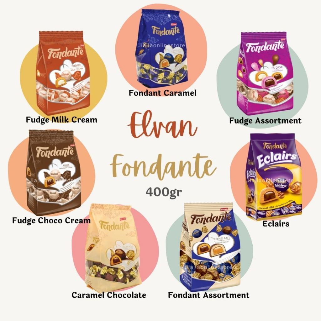 

Elvan Fondante Fondant Fudge Assortment Chocolate Caramel Milk Cream 400gr Coklat Elvan Fondante