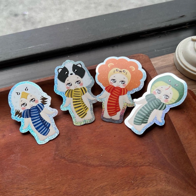 

sonny angels mash up harry potter wizarding world hogwarts house fanart sticker diecut gryffindor ravenclaw hufflepuff slytherin