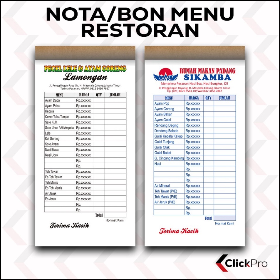 

Serba Irit NOTA BON MENU RESTORAN COSTUM UKF43 215x11cm