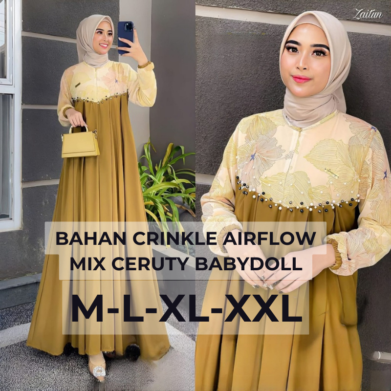 Baju Gamis Terbaru Kifara Dress BO Size M L XL XXL LD 100-120 CM Bahan Crinkle Airflow Mix Ceruty Ba