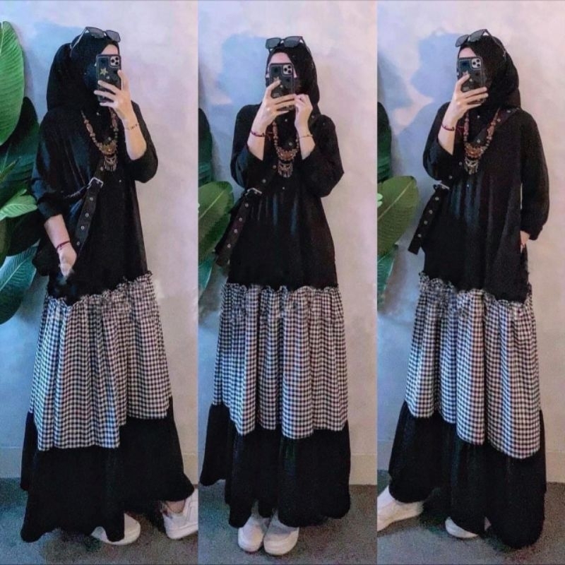 Chika Dress warna biru Dongker navy hitam black Maxi gamis cewek bahan Kaos import mix Katun kotak f