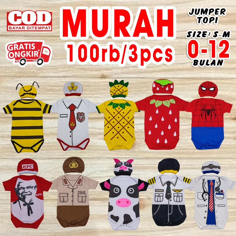 jumper baju karakter bayi romper kaos set jamper pakaian kado laki laki perempuan cowok newborn polo
