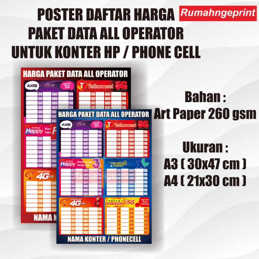 

POSTER DAFTAR HARGA PAKET DATA ALL OPERATOR CUSTOM NAMA TOKO / KONTER HP / PHONE CELL