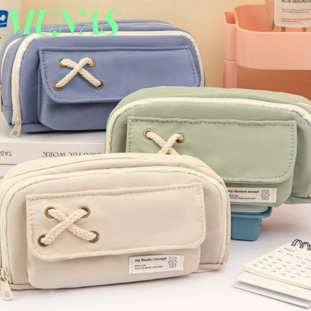 

Tempat Pensil Model Pita Silang Kotak Pensil Tali Rami Ritsleting Ganda Bahan Kanvas Pouch Tempat Alat Tulis Perlengkapan Sekolah Kantor Dua Sisi Resleting
