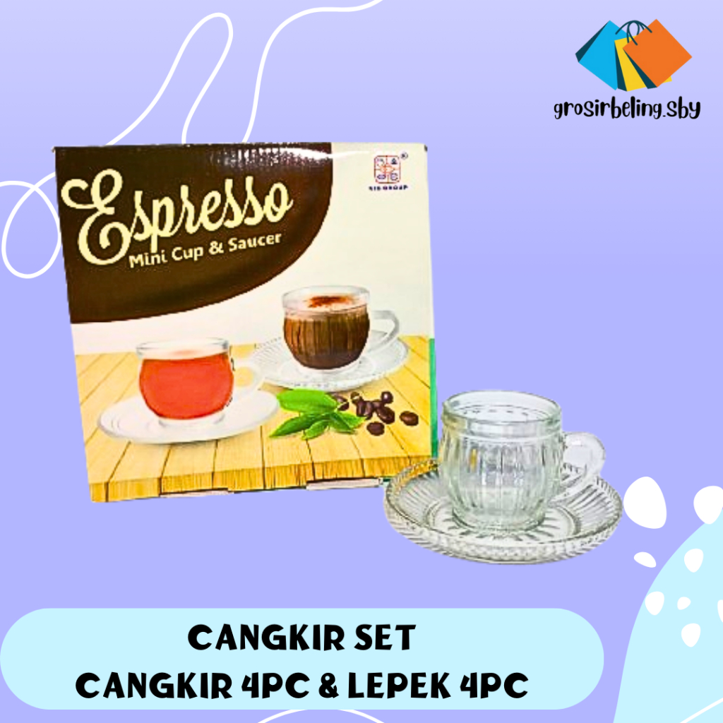 Cangkir Set Kaca Beling / Cangkir dan Lepek Espresso 8pcs