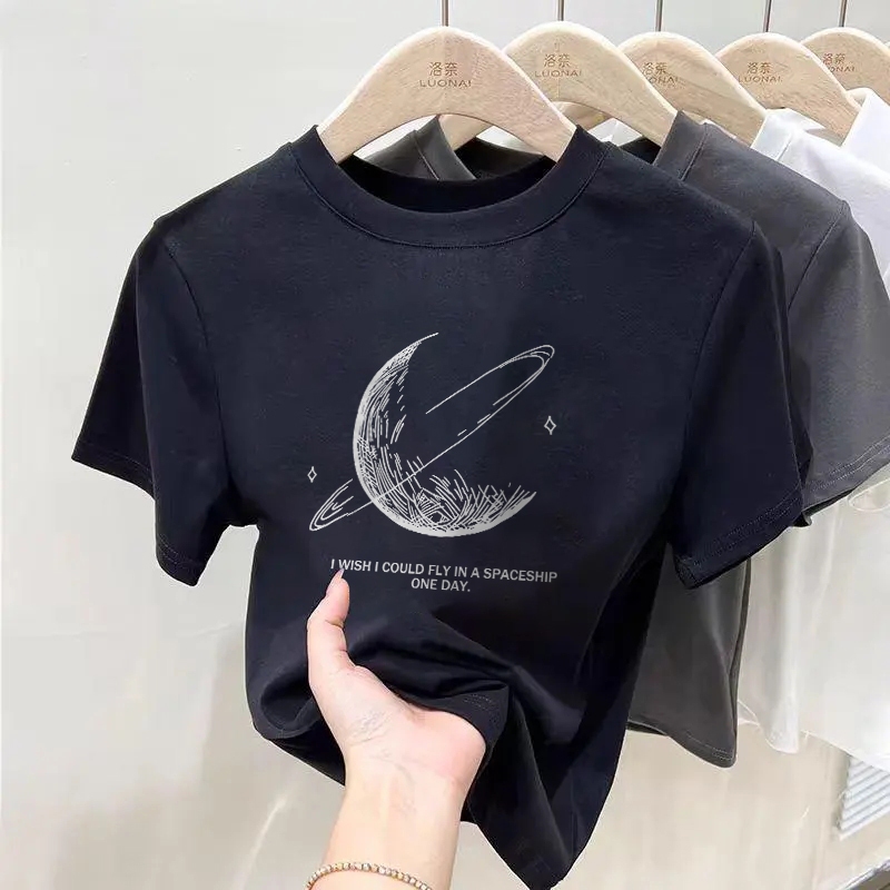 XiaozhaiNv Pendek Baju Atasan Wanita Terbaru | bulan kelabu T-shirt | baju crop wanita korea kaos cr