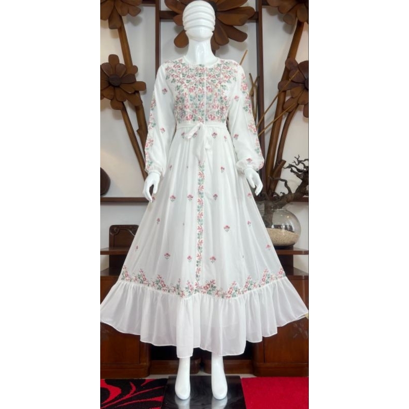 Gamis pandora putih ceruty bordir terbaru