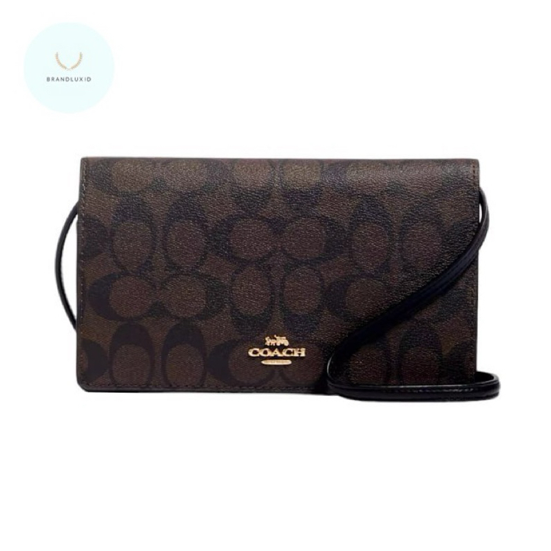 Coach Anna Foldover Clutch Crossbody Signature Brown Black