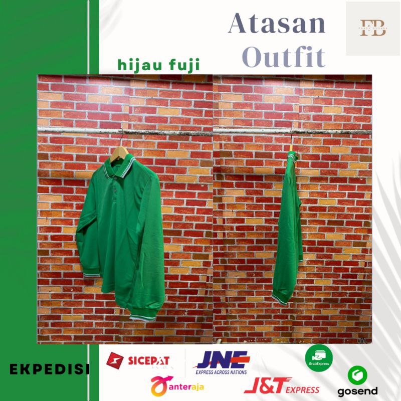 baju kaos polos kerah lengan panjang pria wanita warna hijau fuji