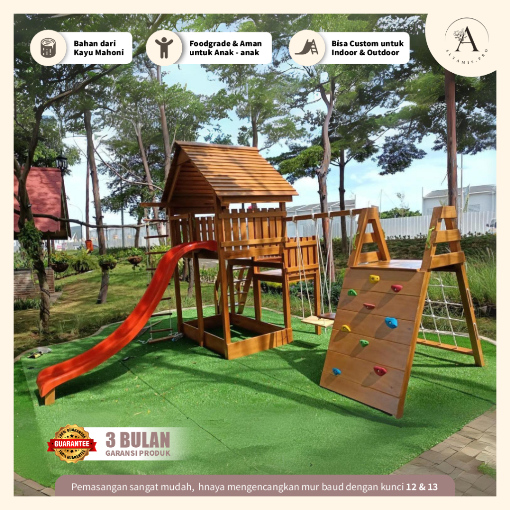 Mainan Anak Playground Indoor Outdoor Rumah Mini Kayu Mahoni Seluncuran Playhouse Brakiasi
