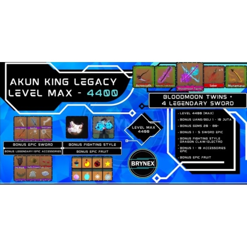 Akun King Legacy Level MAX - Bloodmoon Twins Mythical Sword + 4 Legendary Sword + Bonus